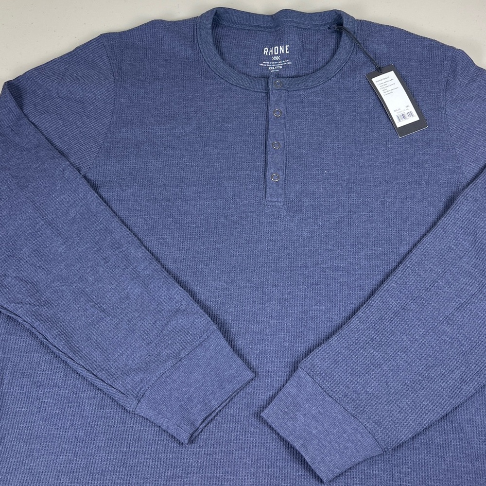 Rhone Men's Cotton Poly Waffle Navy Heather Long Sleeve Henley NWT - Picture 3 of 10